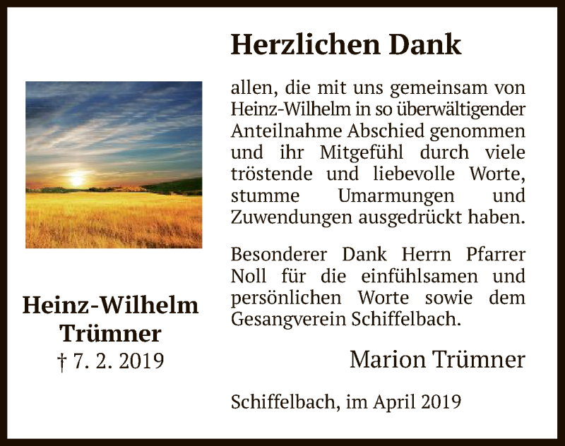  Traueranzeige für Heinz-Wilhelm Trümner vom 13.04.2019 aus HNA