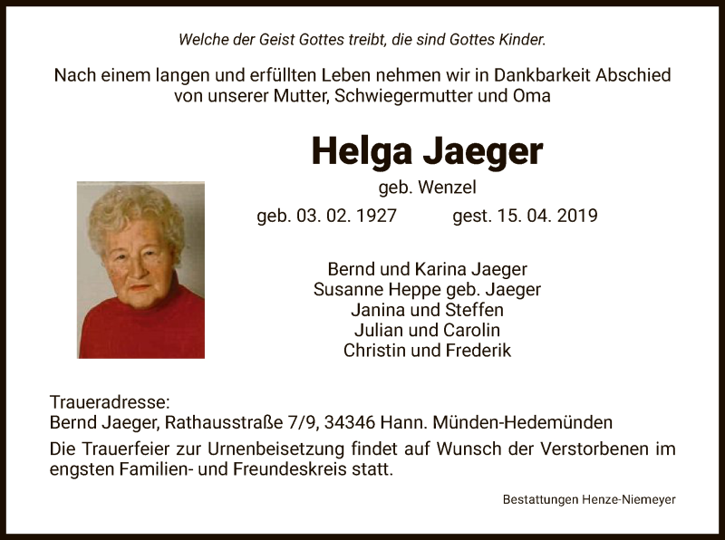 Traueranzeigen von Helga Jaeger | Trauer.HNA.de