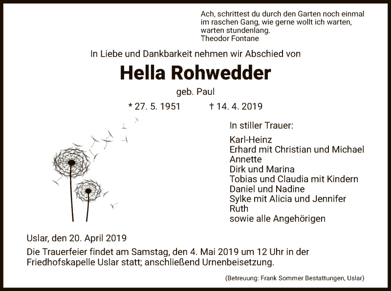  Traueranzeige für Hella Rohwedder vom 20.04.2019 aus HNA