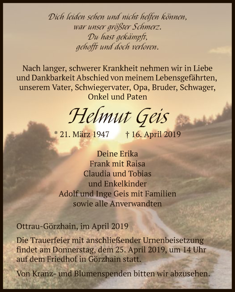  Traueranzeige für Helmut Geis vom 23.04.2019 aus HNA