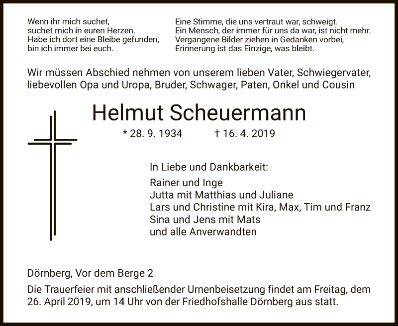  Traueranzeige für Helmut Scheuermann vom 23.04.2019 aus HNA