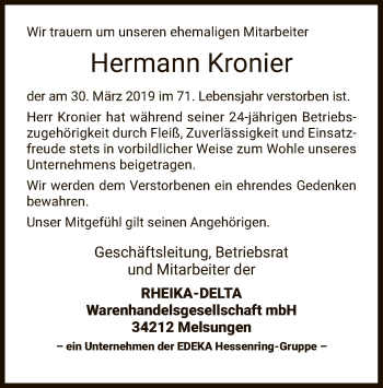Traueranzeige von Hermann Kronier von HNA