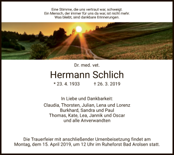 Traueranzeige von Hermann Schlich von HNA