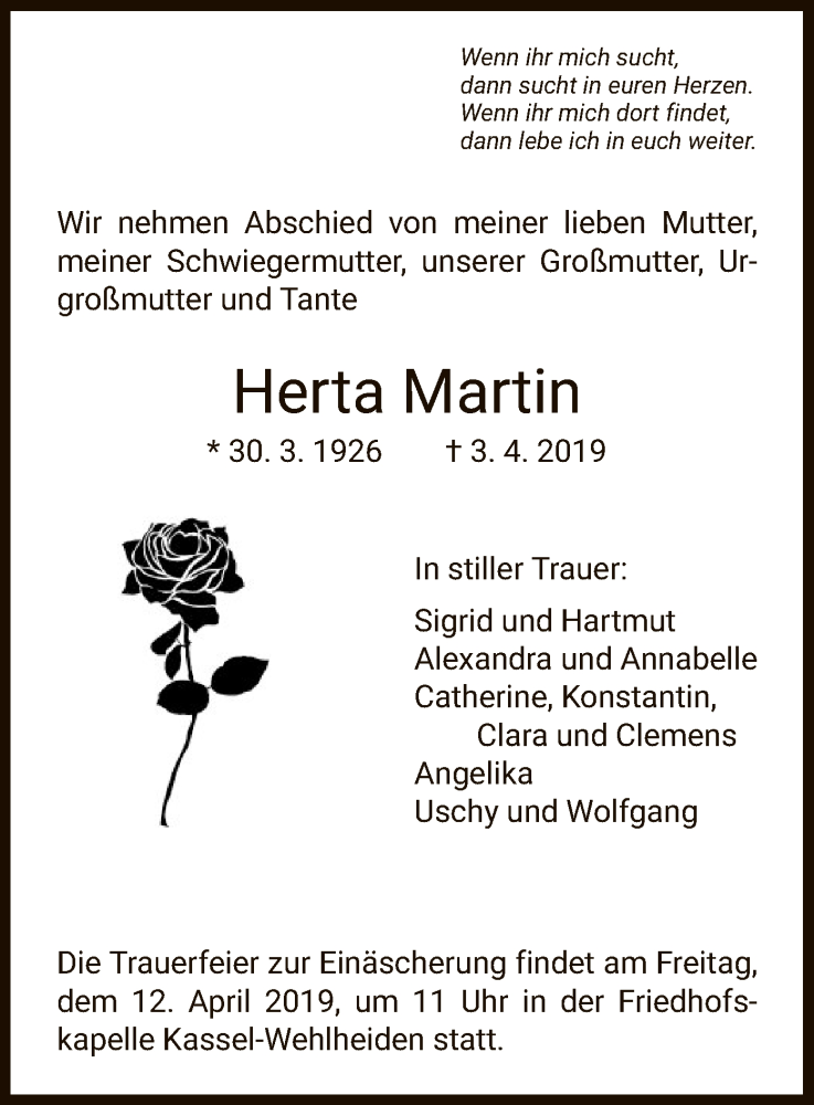  Traueranzeige für Herta Martin vom 09.04.2019 aus HNA