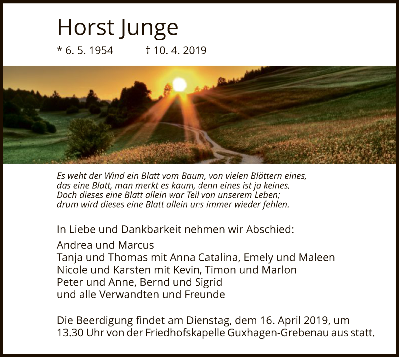  Traueranzeige für Horst Junge vom 13.04.2019 aus HNA