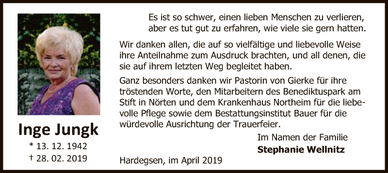  Traueranzeige für Inge Jungk vom 13.04.2019 aus HNA