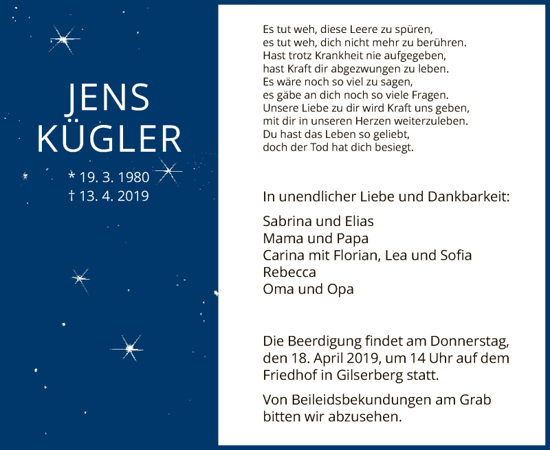  Traueranzeige für Jens Kügler vom 15.04.2019 aus HNA