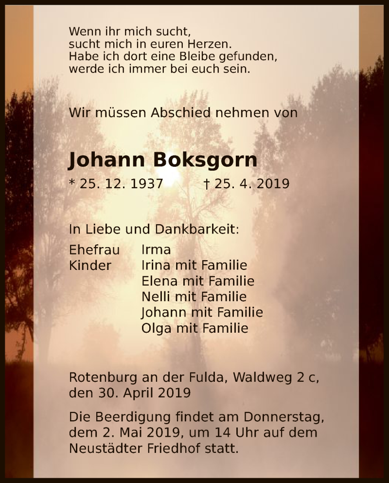  Traueranzeige für Johann Boksgorn vom 30.04.2019 aus HNA
