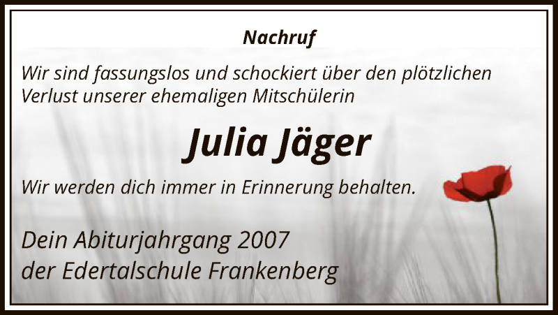  Traueranzeige für Julia Jäger vom 25.04.2019 aus HNA