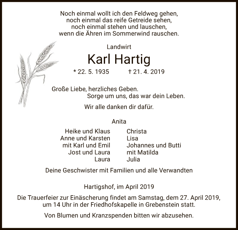  Traueranzeige für Karl Hartig vom 24.04.2019 aus HNA