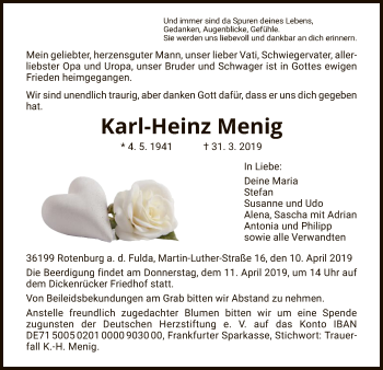 Traueranzeige von Karl-Heinz Menig von HNA