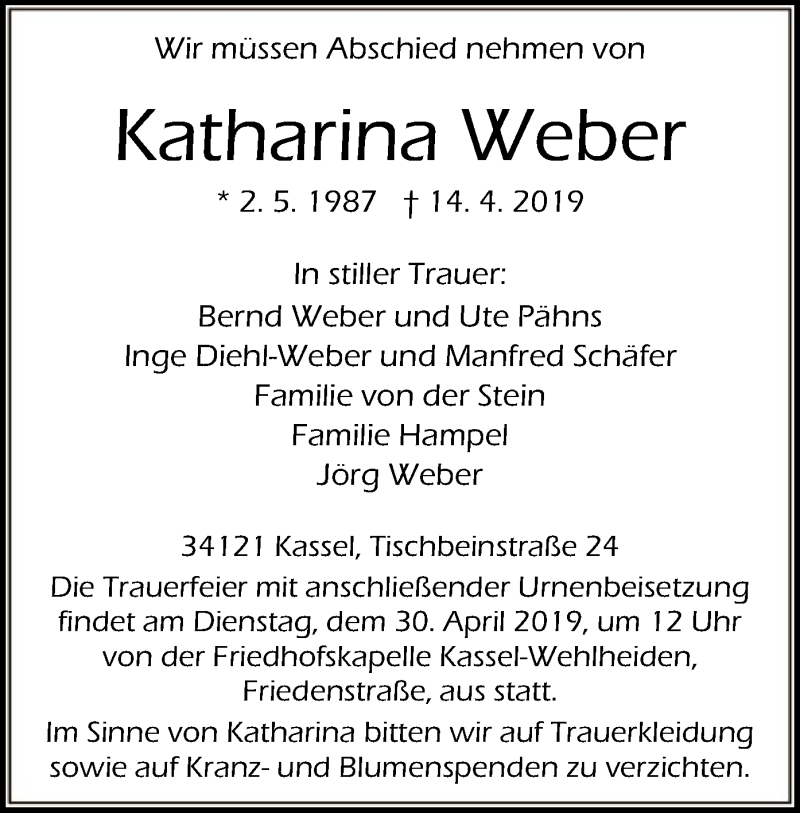  Traueranzeige für Katharina Weber vom 27.04.2019 aus HNA