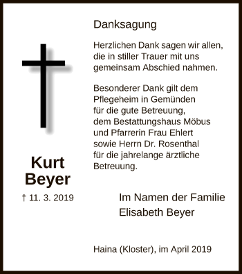 Traueranzeige von Kurt Beyer von HNA