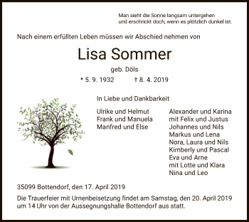 Traueranzeige von Lisa Sommer von HNA