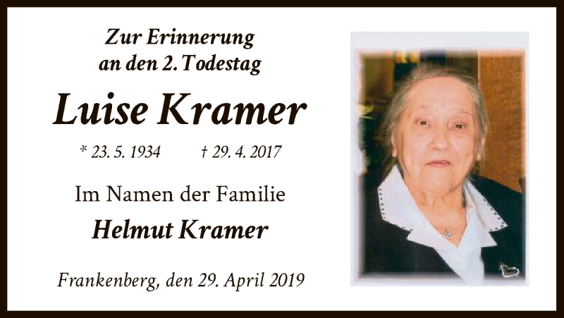  Traueranzeige für Luise Kramer vom 29.04.2019 aus HNA