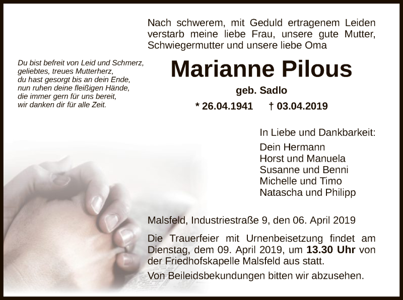  Traueranzeige für Marianne Pilous vom 06.04.2019 aus HNA
