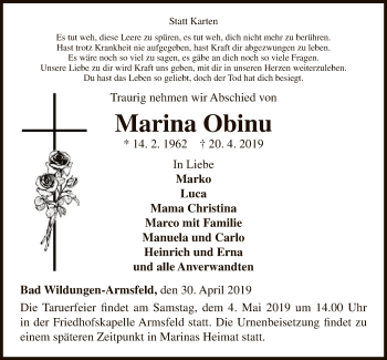 Traueranzeige von Marina Obinu von HNA