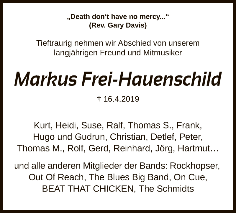  Traueranzeige für Markus Frei-Hauenschild vom 27.04.2019 aus HNA