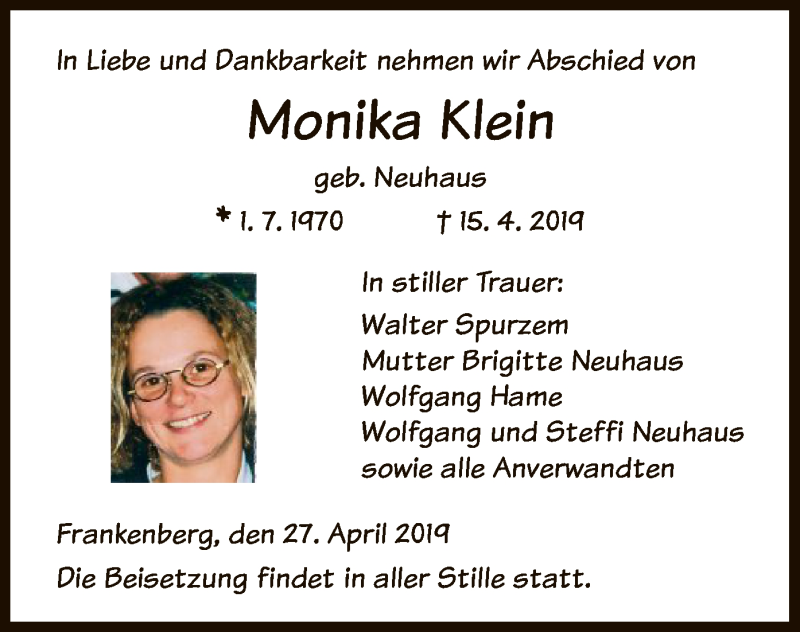  Traueranzeige für Monika Klein vom 27.04.2019 aus HNA