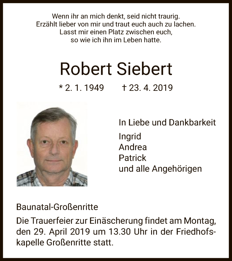  Traueranzeige für Robert Siebert vom 26.04.2019 aus HNA