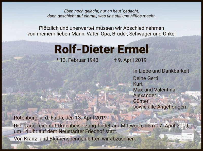  Traueranzeige für Rolf-Dieter Ermel vom 13.04.2019 aus HNA