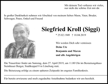Traueranzeige von Siegfried Kroll von HNA