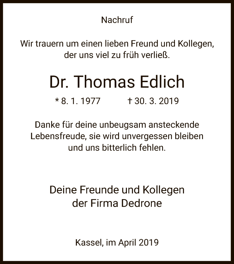  Traueranzeige für Thomas Edlich vom 09.04.2019 aus HNA