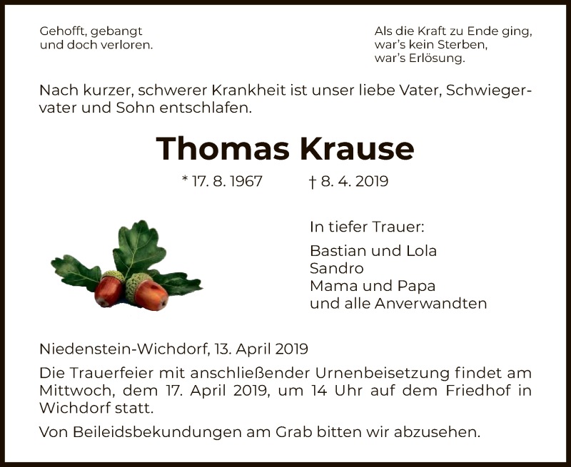  Traueranzeige für Thomas Krause vom 13.04.2019 aus HNA