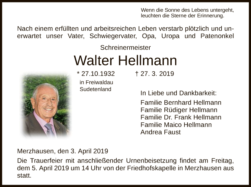  Traueranzeige für Walter Hellmann vom 03.04.2019 aus HNA
