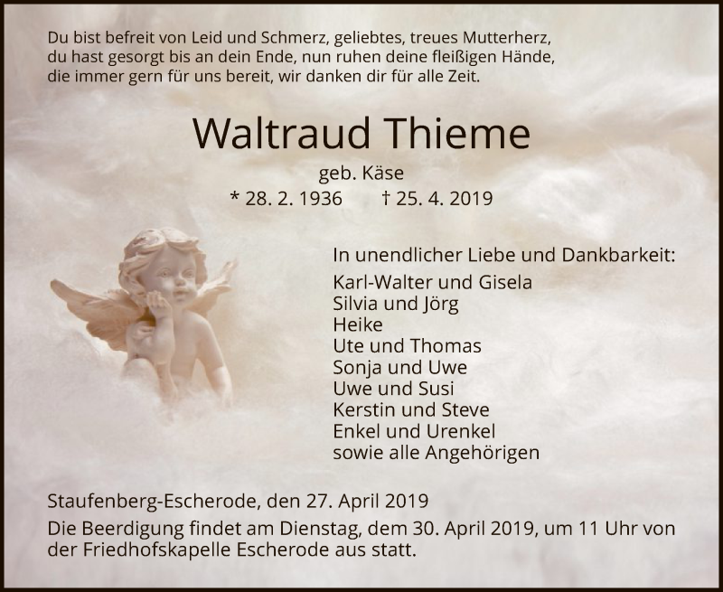  Traueranzeige für Waltraud Thieme vom 27.04.2019 aus HNA