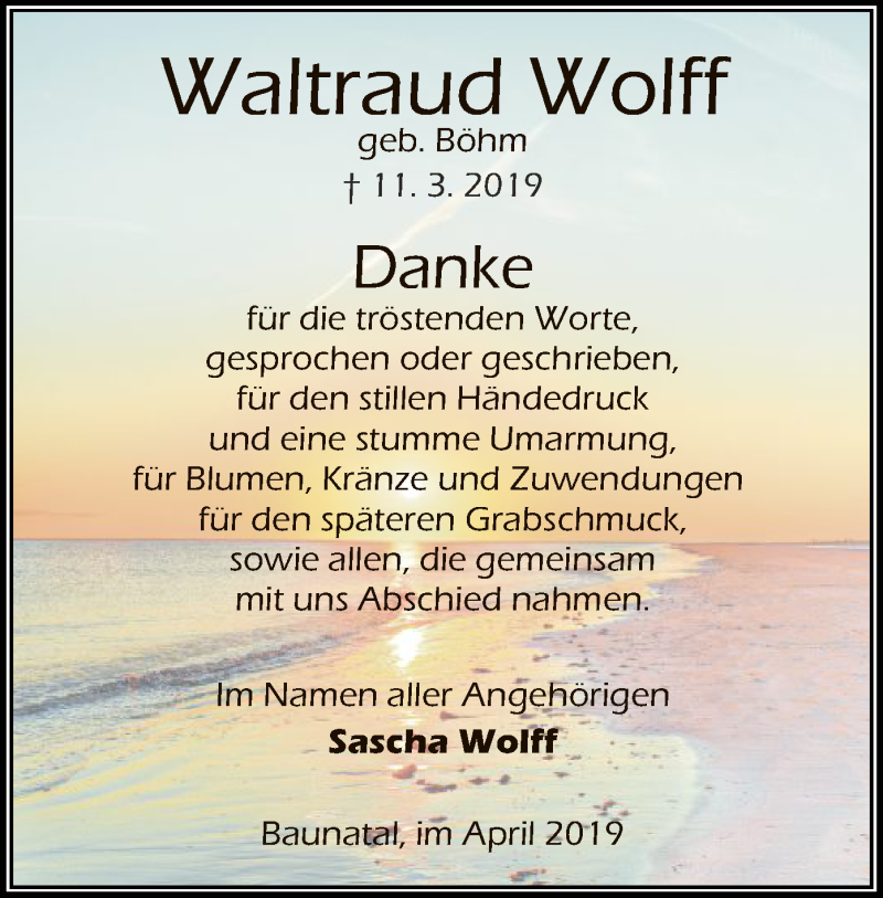  Traueranzeige für Waltraud Wolff vom 06.04.2019 aus HNA