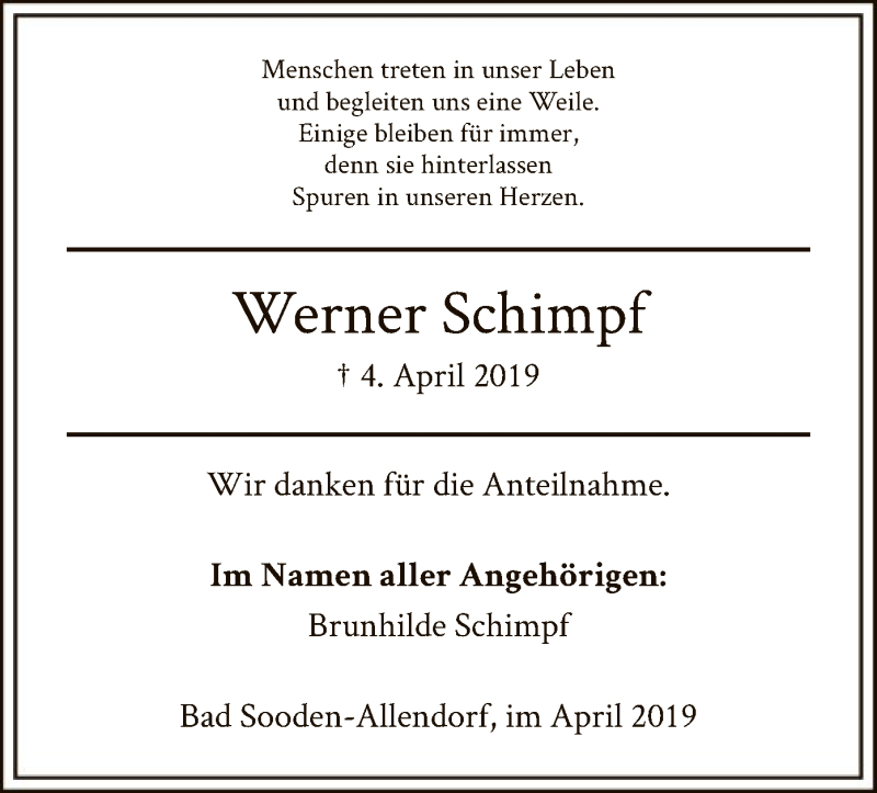  Traueranzeige für Werner Schimpf vom 27.04.2019 aus HNA