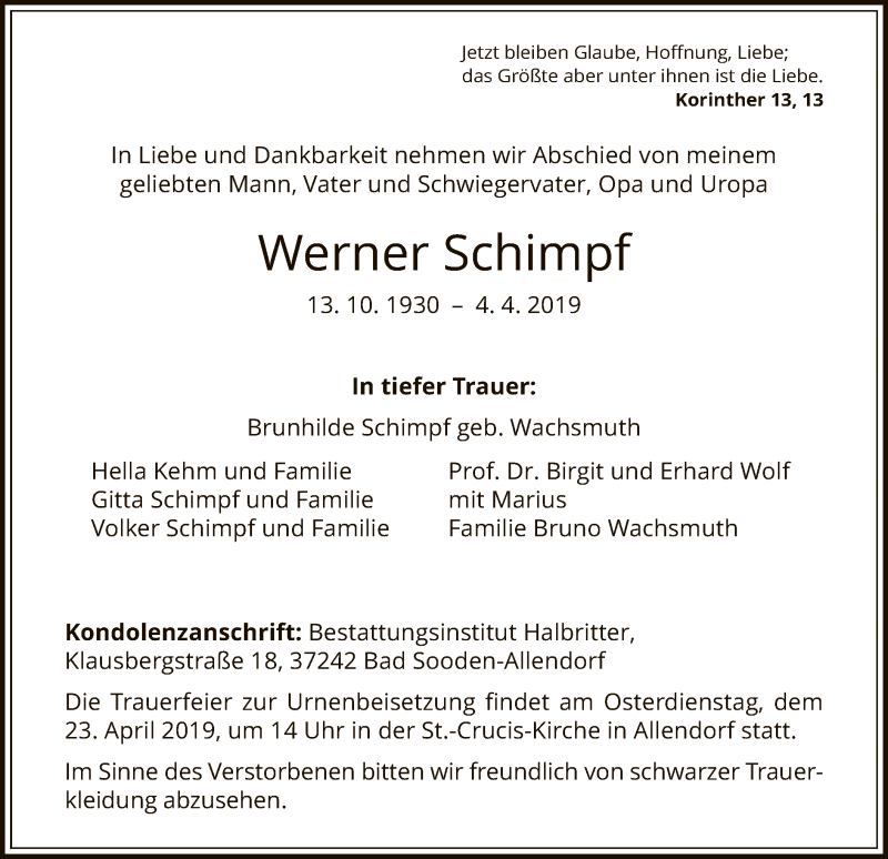  Traueranzeige für Werner Schimpf vom 10.04.2019 aus HNA