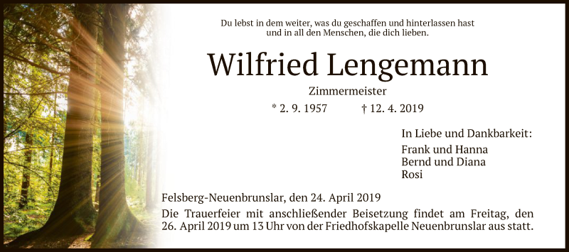  Traueranzeige für Wilfried Lengemann vom 24.04.2019 aus HNA