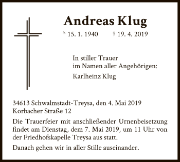 Traueranzeige von Andreas Klug von HNA