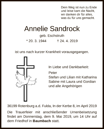 Traueranzeige von Annelie Sandrock von HNA