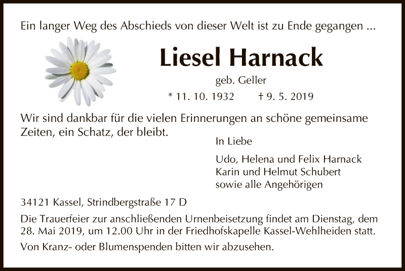  Traueranzeige für Anneliese Harnack vom 25.05.2019 aus HNA