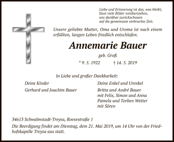 Traueranzeige von Annemarie Bauer von HNA