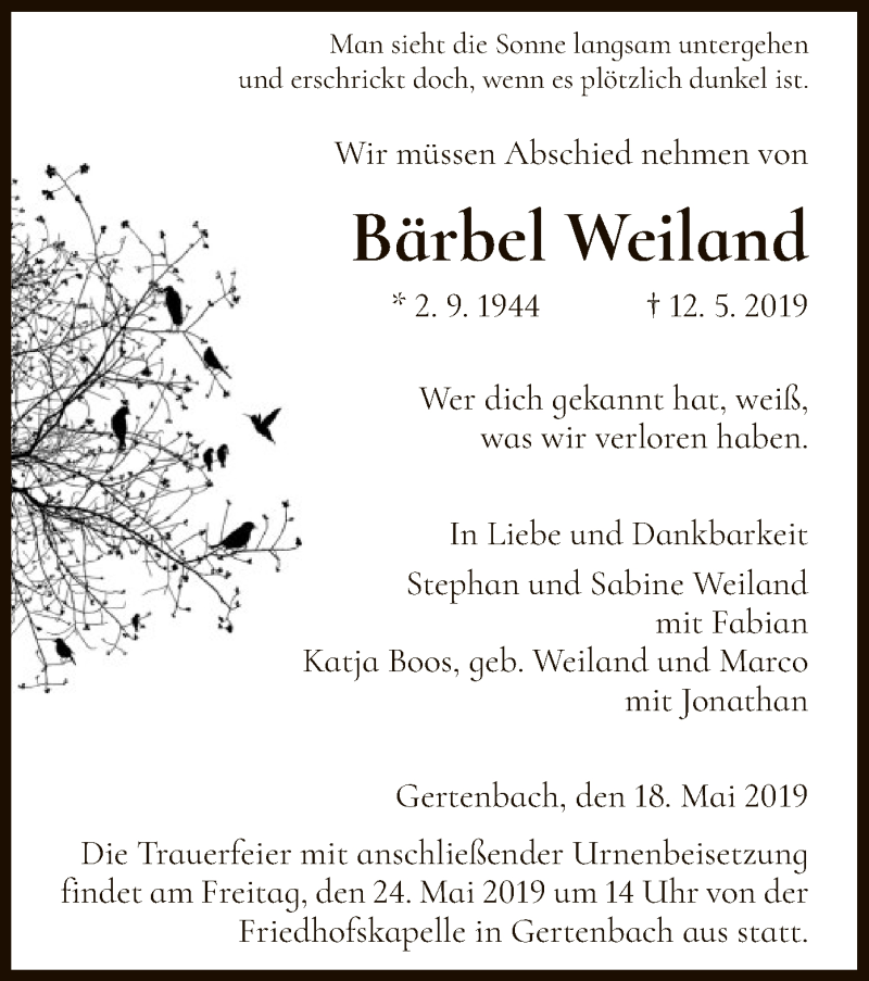  Traueranzeige für Bärbel Weiland vom 18.05.2019 aus HNA