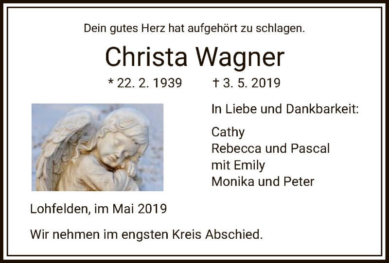  Traueranzeige für Christa Wagner vom 11.05.2019 aus HNA
