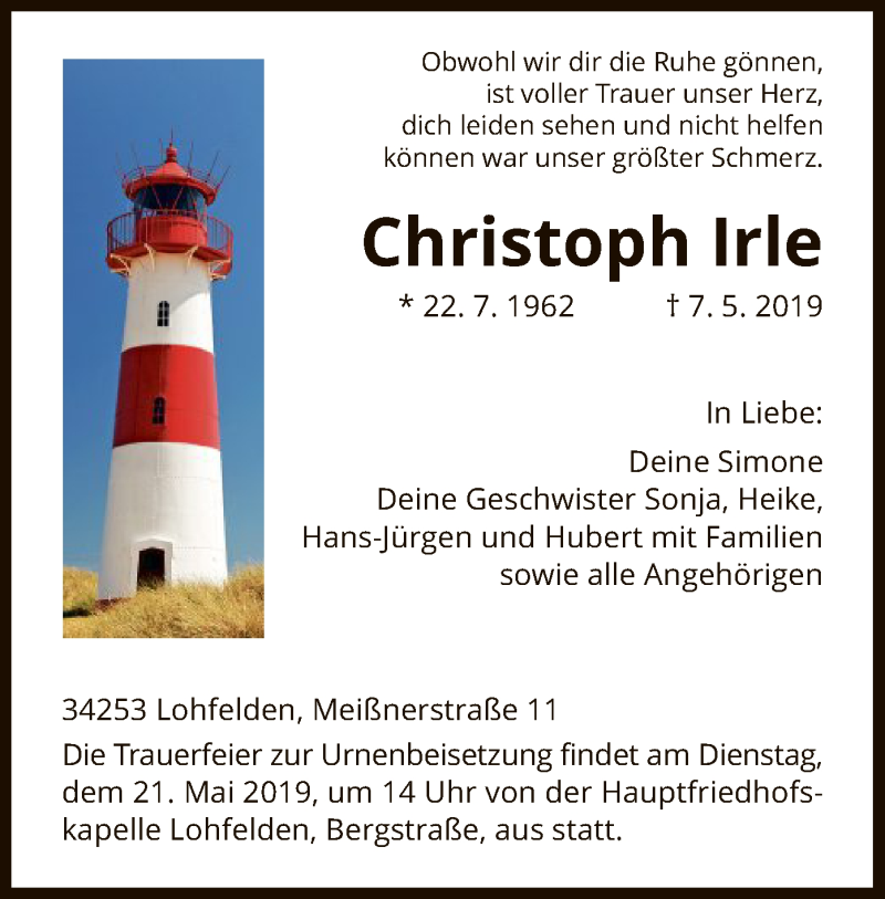  Traueranzeige für Christoph Irle vom 11.05.2019 aus HNA