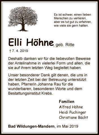 Traueranzeige von Elli Höhne von HNA