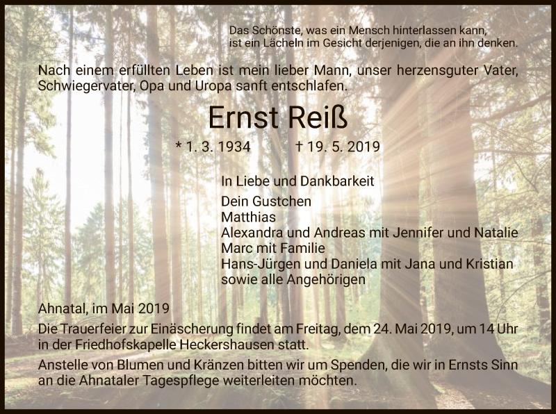  Traueranzeige für Ernst Reiß vom 21.05.2019 aus HNA