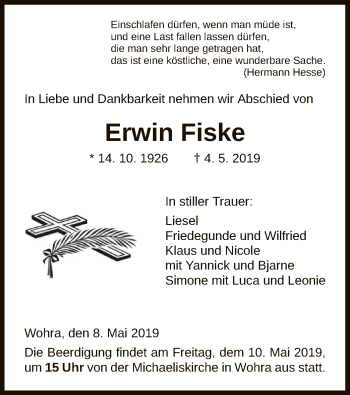 Traueranzeige von Erwin Fiske von HNA