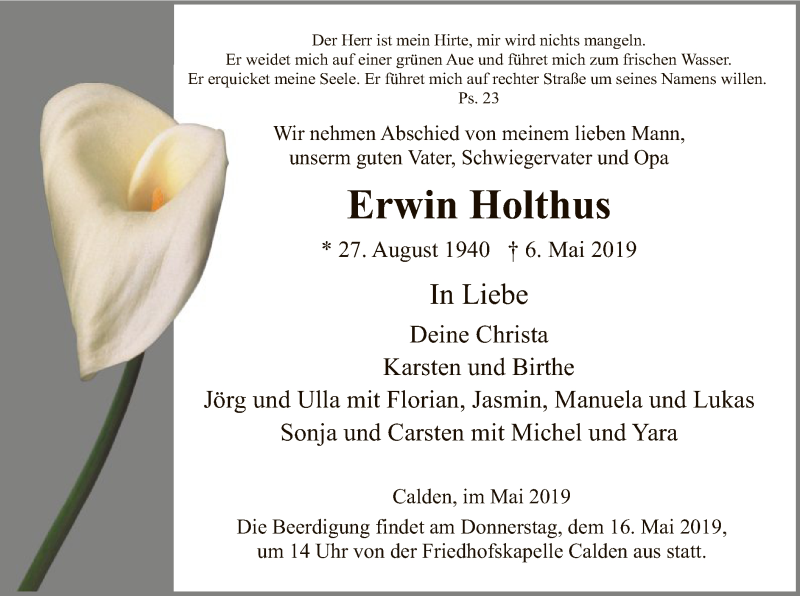  Traueranzeige für Erwin Holthus vom 13.05.2019 aus HNA