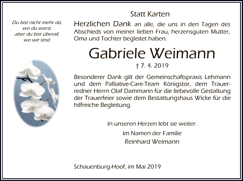  Traueranzeige für Gabriele Weimann vom 11.05.2019 aus HNA