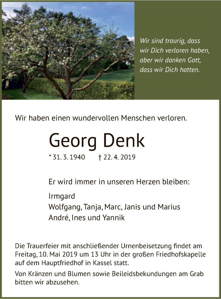  Traueranzeige für Georg Denk vom 04.05.2019 aus HNA