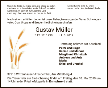Traueranzeige von Gustav Müller von HNA