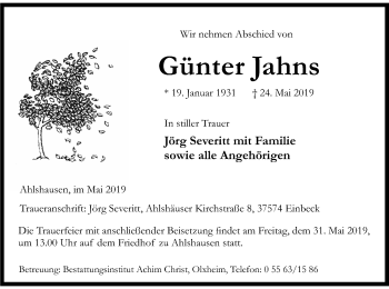 Traueranzeige von Günter Jahns von HNA