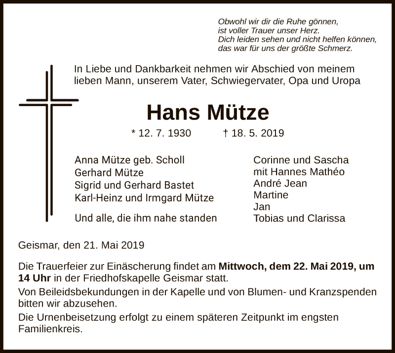  Traueranzeige für Hans Mütze vom 21.05.2019 aus HNA